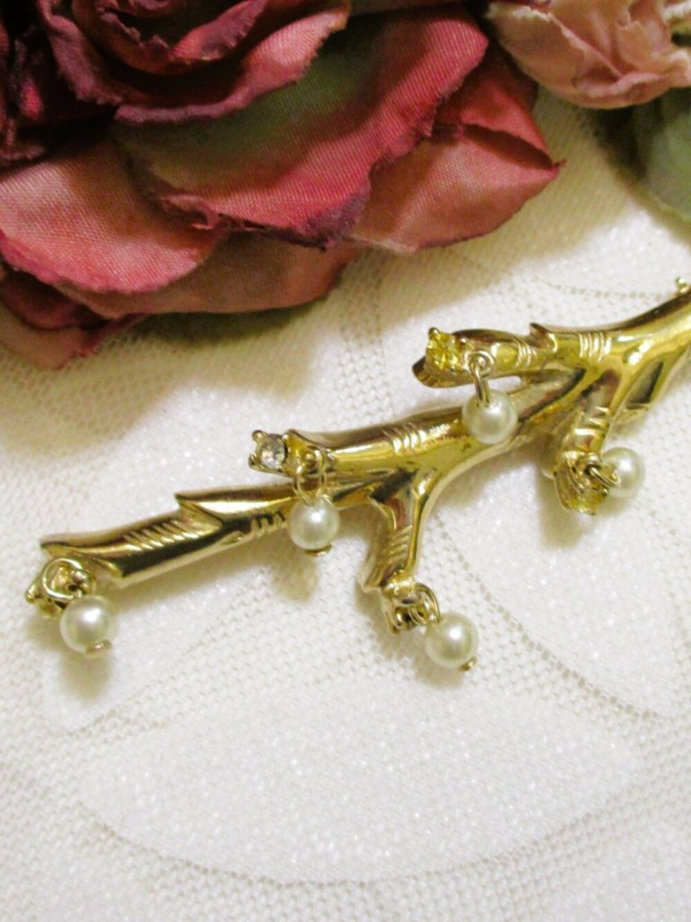 VINTAGE Gold Plate Branch Brooch: Faux Pearl Rhinestone Dangle Jewelry - Picture 10 of 15